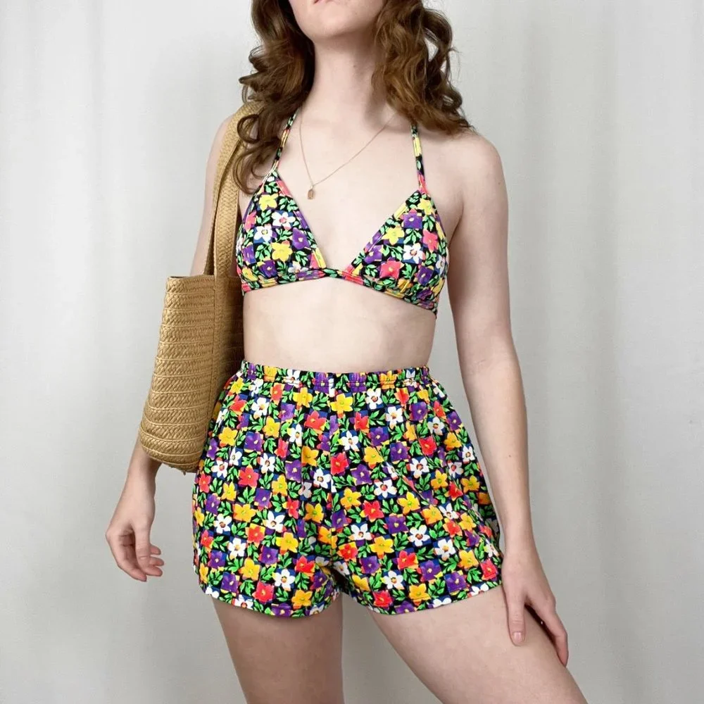 Vintage Floral Power Bikini Two Piece Triangle High Rise Shorts Cute Set 70s 80s - Picture 7 of 9